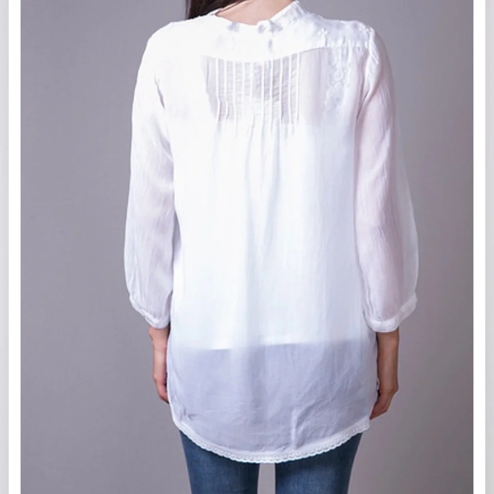 Johnny Was White The Pintuck Vine Embroidered Boho Blouse Tunic Small